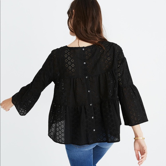 Madewell Tops - Madewell Eyelet Back Button Tiered Black Top Small